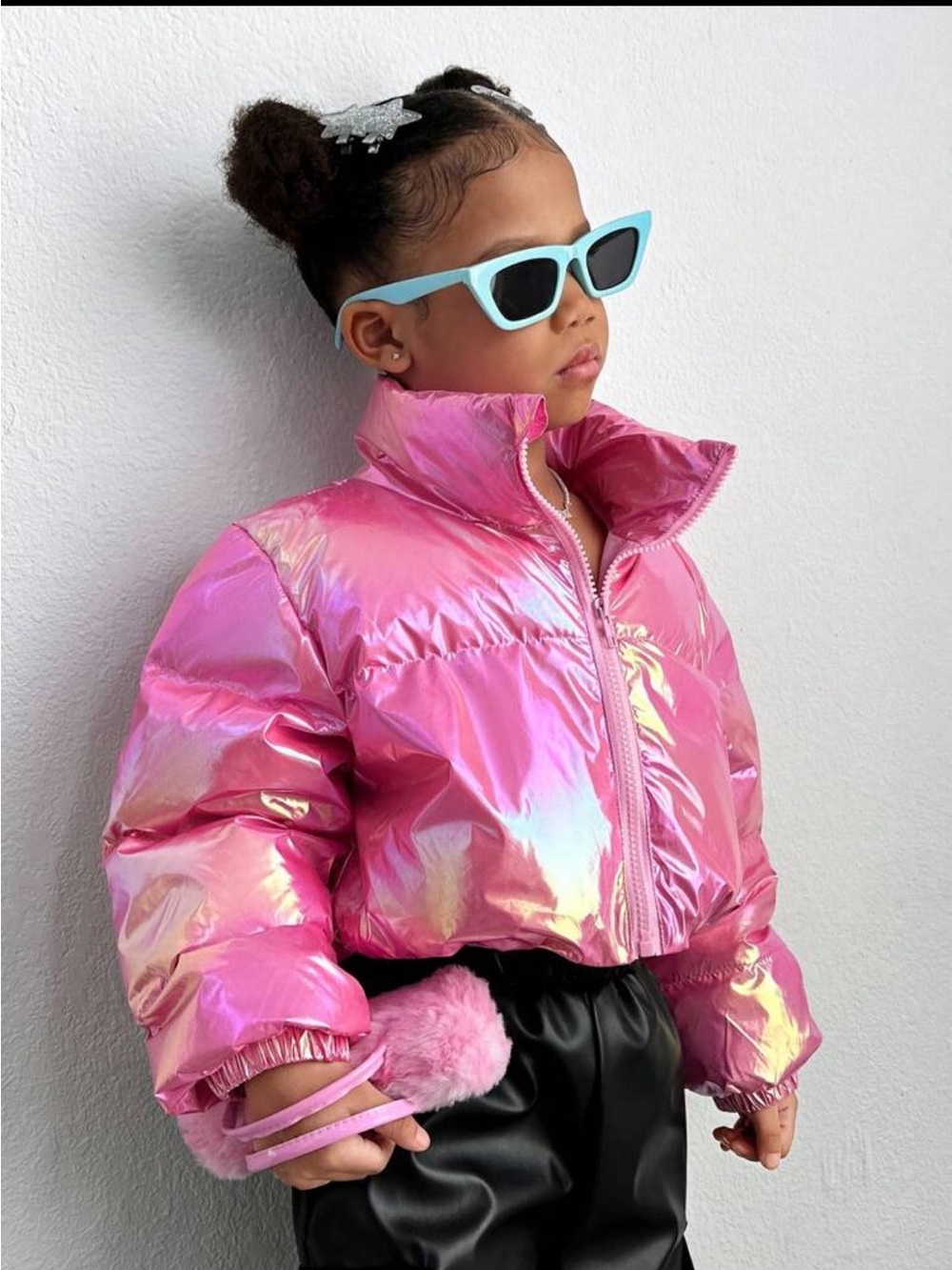 Girls Iridescent Pink Cropped Puffer Jacket